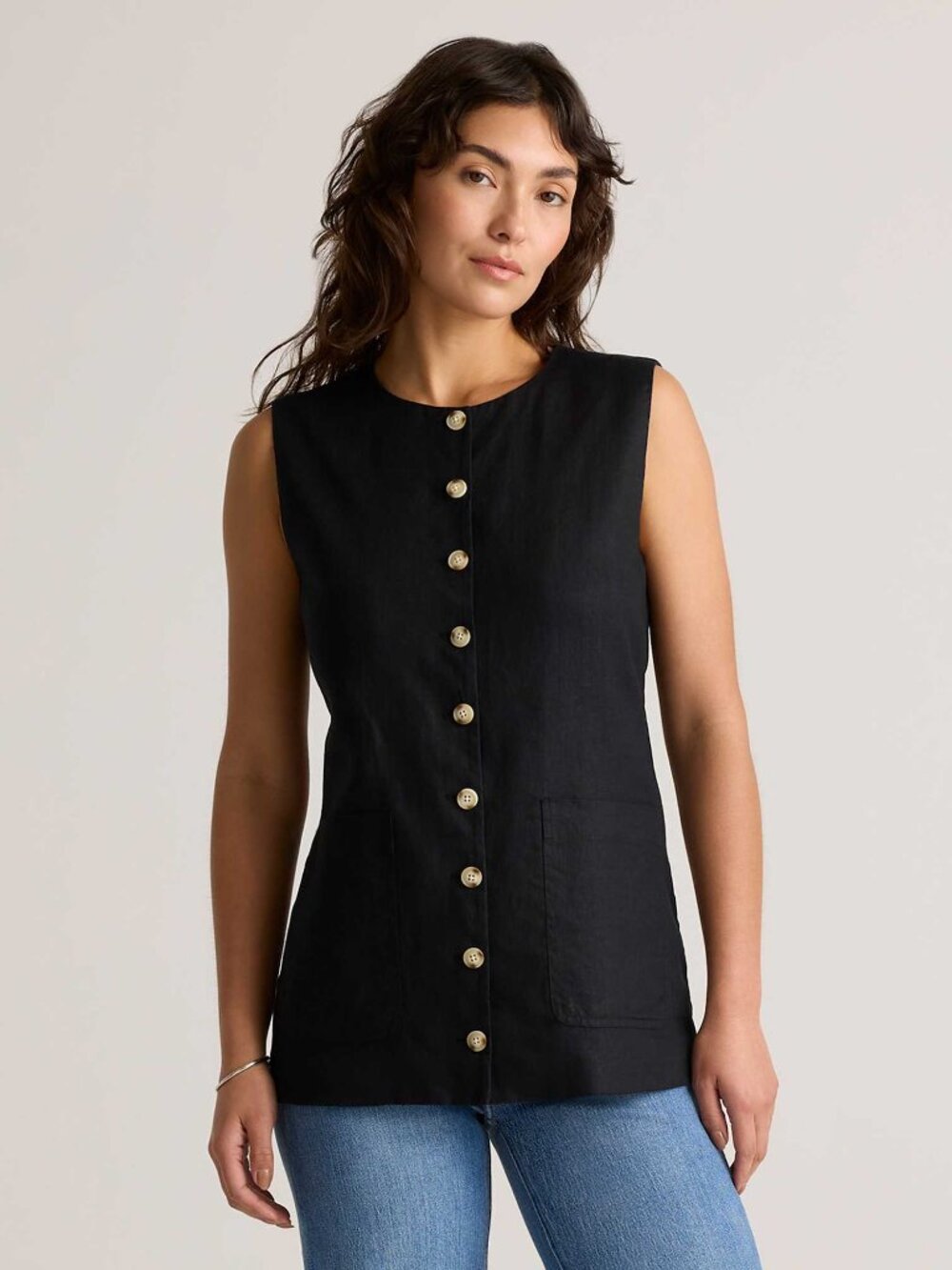 NEW Quince 100% European Linen Longline Vest in Black